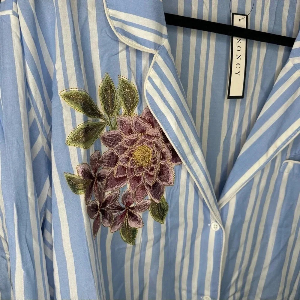 NWT Soncy Pajama Set Blue & White Striped Long Sleeve & Short Set Size 5 / 28 - Picture 5 of 5